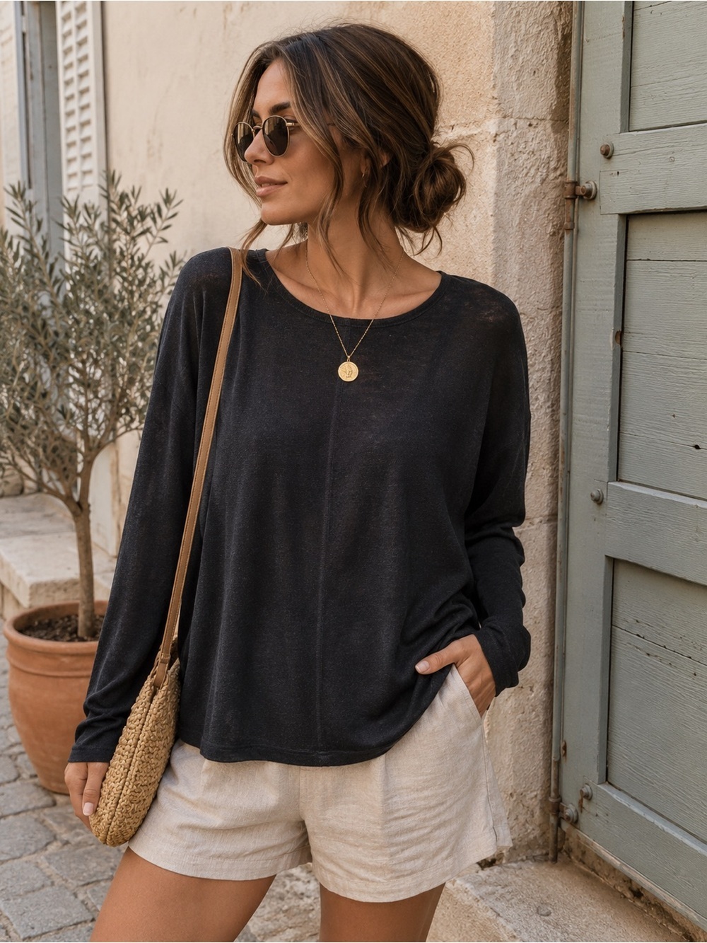 Vince 100% Linen Black Long-Sleeve Crewneck Top - S